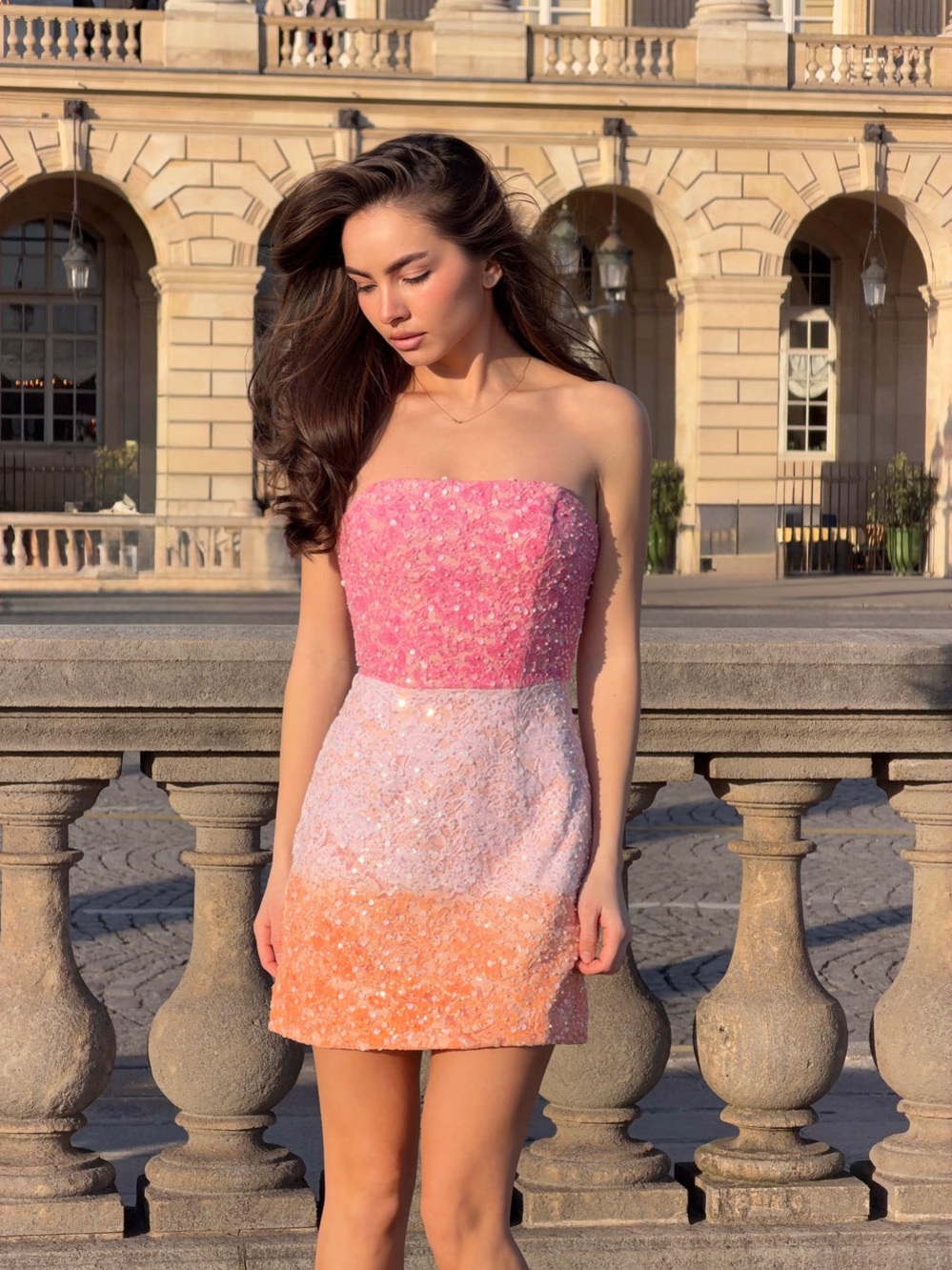 ELLIATT Lumira Sequin Lace Mini Dress in Pink Ombre - Pink/Peach Size S NWT